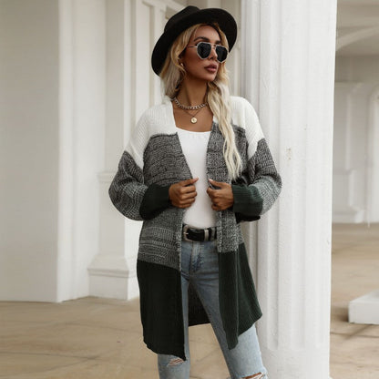 Damen Strickcardigan Lässig Blockstreifen Weite Ärmel Beige