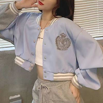 Damen Collegejacke Lässig Gesticktes Logo Kontrastärmel
