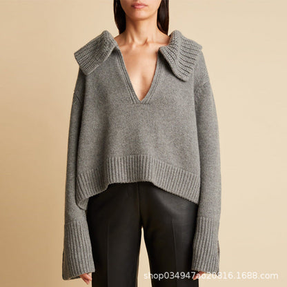 Damen Strickpullover V-Ausschnitt Übergroßer Kragen Norvielle