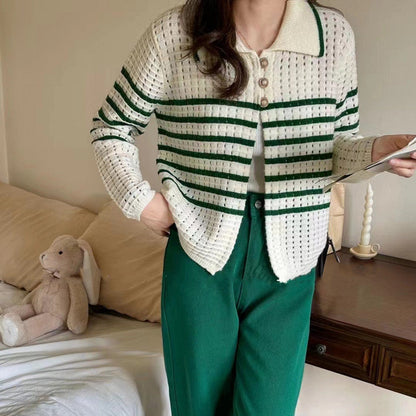 Damen Strickcardigan Maritimes Streifenmuster Beige