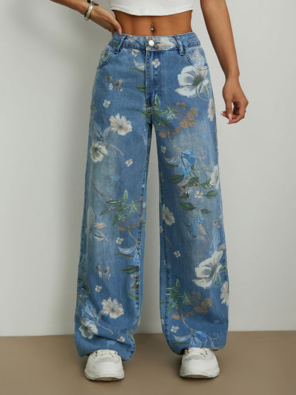 Damen Weite Jeans Florales Design Hochtailliert