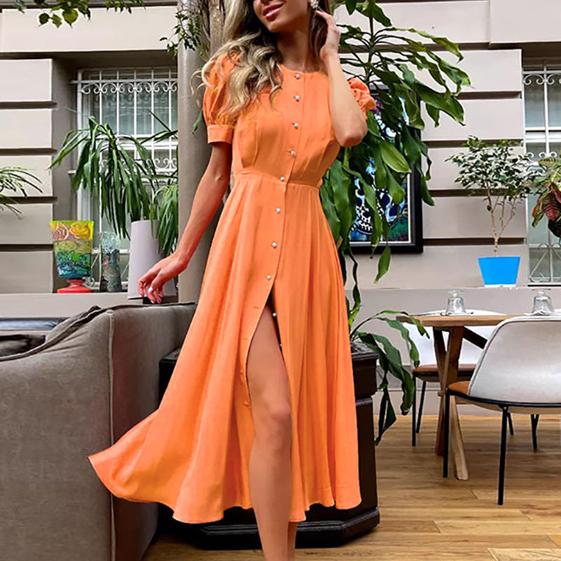 Damen Maxikleid mit Puffärmeln und hohem Schlitz Norvielle