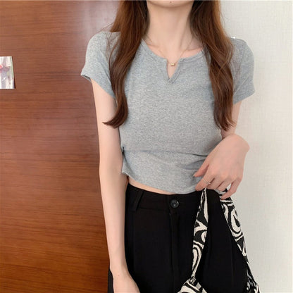 Damen T-Shirt Kurzarm V-Ausschnitt Elegantes Design Weiß