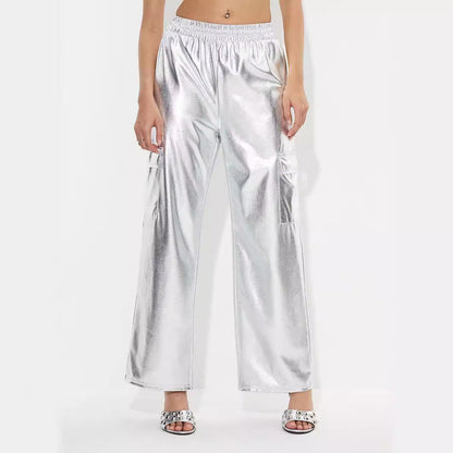 Damen Cargo-Hosen Metallic-Look Elastischer Bund Glänzend Schwarz - Norvielle