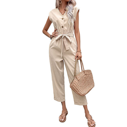 Damen Jumpsuit mit Gürtel und Knopfverschluss Norvielle