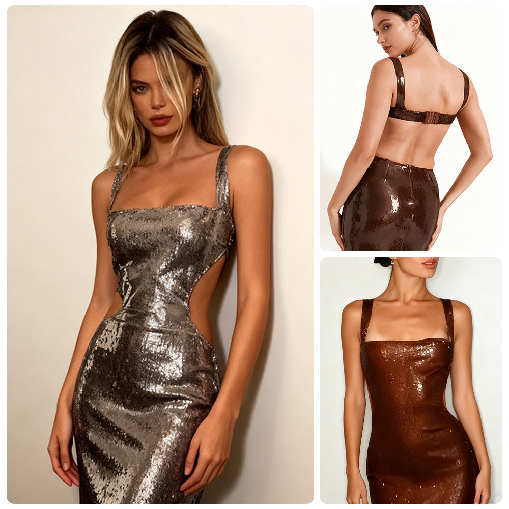 Damen Pailletten-Abendkleid Lange Robe Tiefes Dekolleté Schwarz - Norvielle