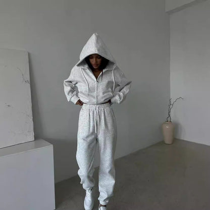 Damen Fleece-Jogginganzug Reißverschluss Kapuze Norvielle