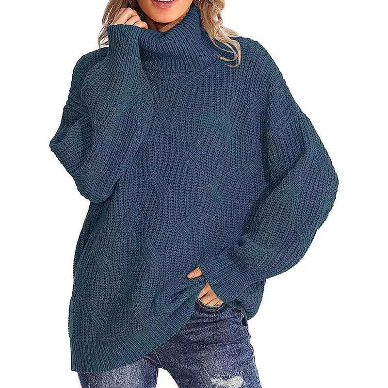 Damen Strickpullover Hochkragen Strukturmasche