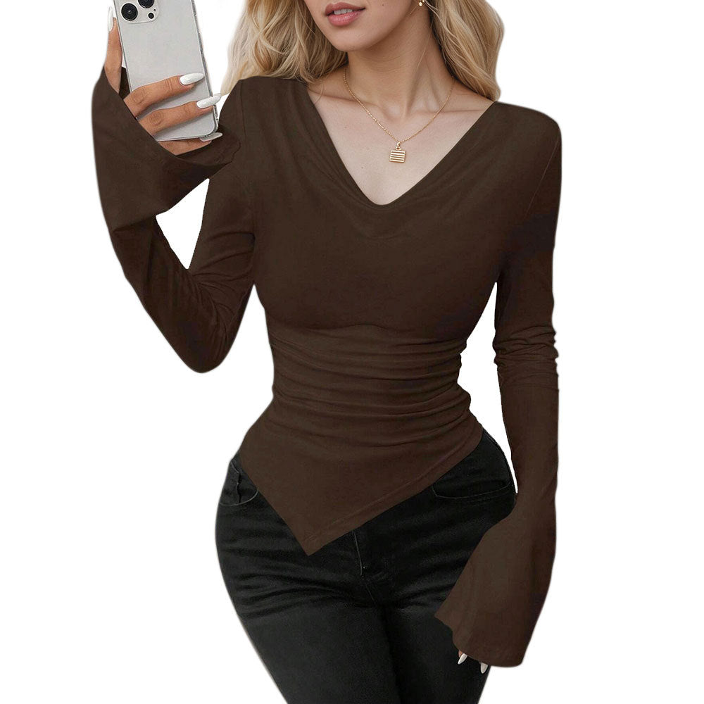 Damen Langarmshirt V-Ausschnitt Rüschen Norvielle