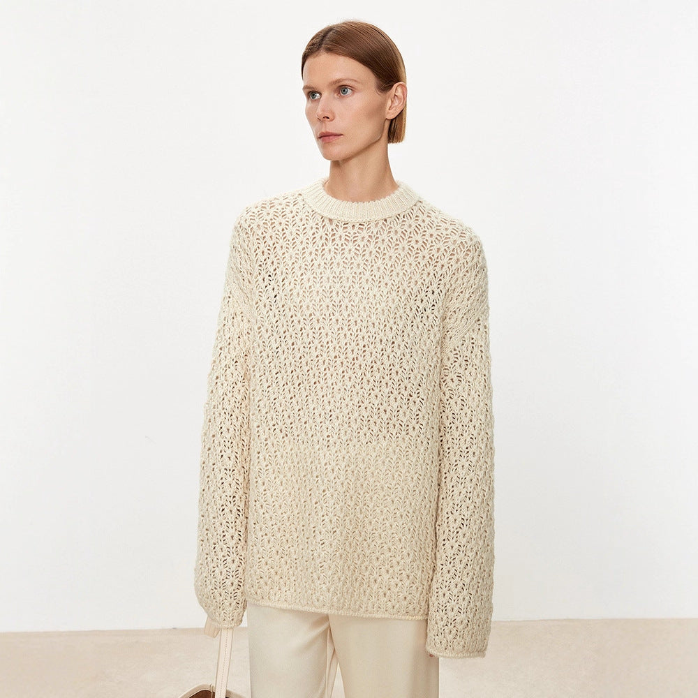 Damen Strickpullover Luftiger Strick Offene Struktur Beige