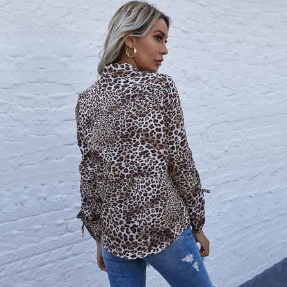 Damen Bluse Leopardenmuster Knopfleiste Elegante Bluse