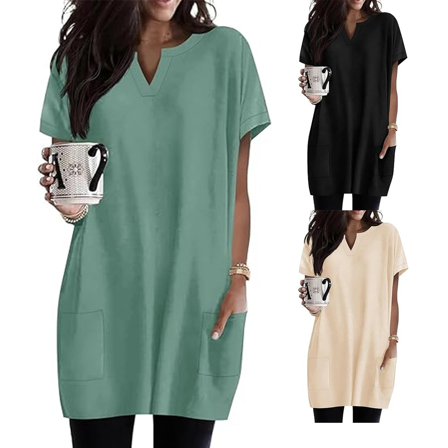 Damen Tunika-Kleid V-Ausschnitt Taschen Norvielle - Norvielle