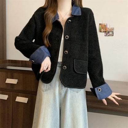 Damen Strickjacke Kontrast Ärmel Denim Norvielle