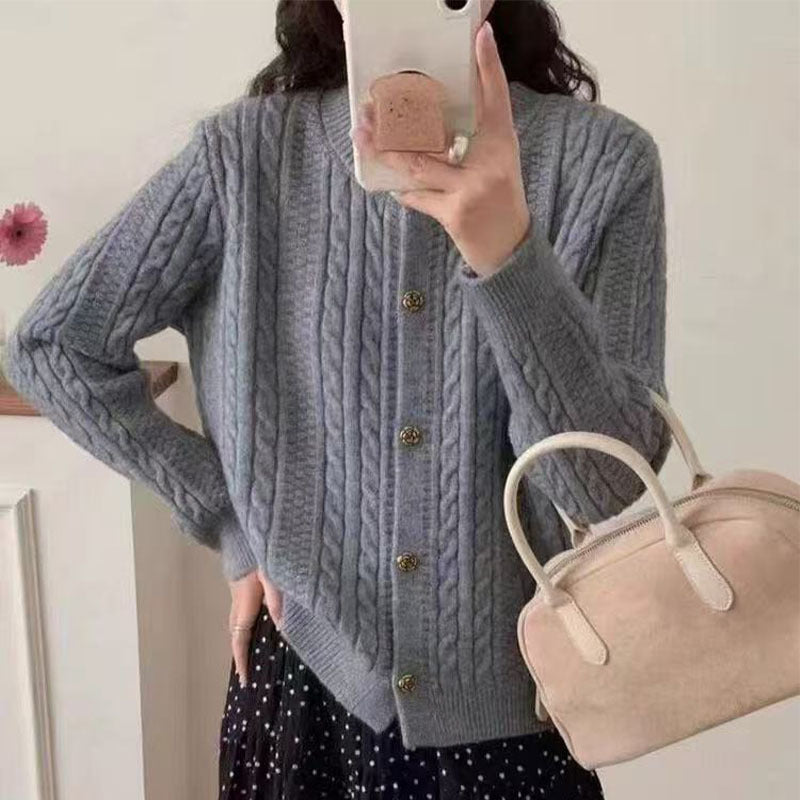 Damen Strickjacke Zopfmuster Dekorative Knöpfe Beige