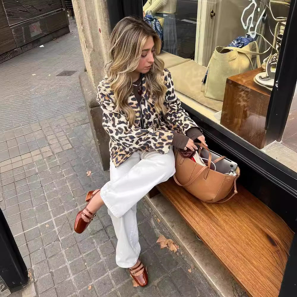 Damen Leopardenjacke Kurz Urbaner Stil Praktische Taschen Norvielle