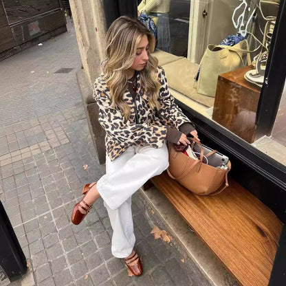 Damen Leopardenjacke Kurz Urbaner Stil Praktische Taschen Norvielle