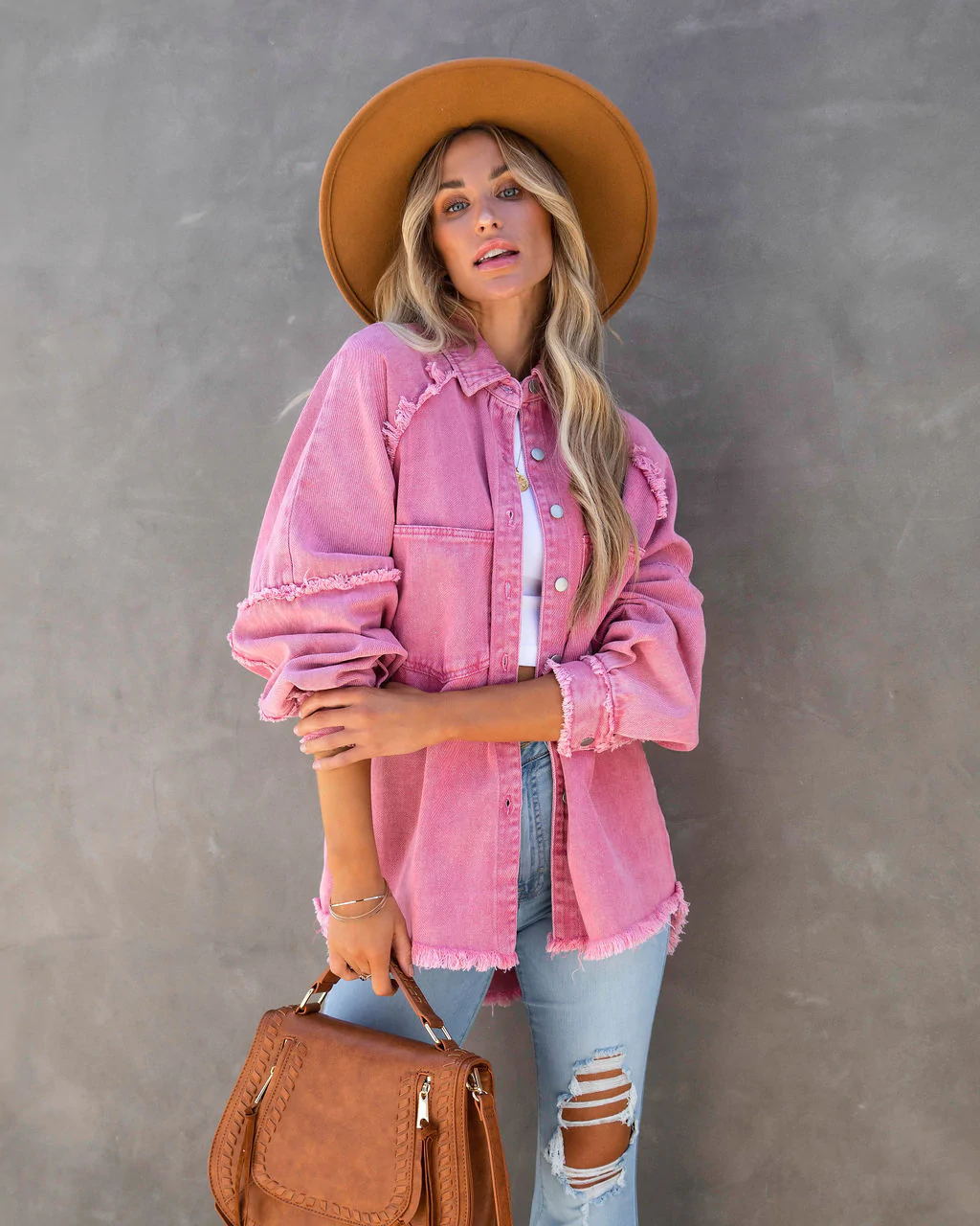 Damen Denim-Hemdjacke Oversized mit Fransen Detail