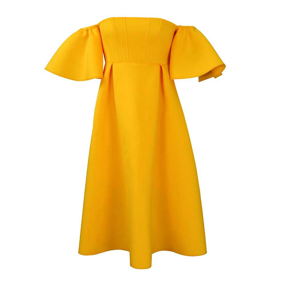 Damen A-Linie Kleid Schulterfrei Puffärmel Taillierung