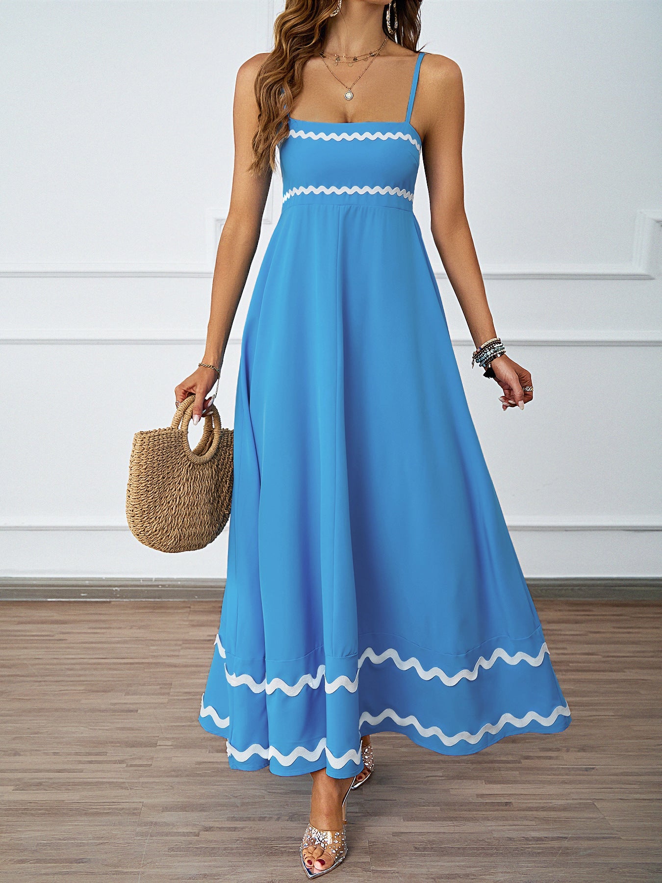 Damen Maxi-Kleid Rüschensaum Spaghettiträger Norvielle