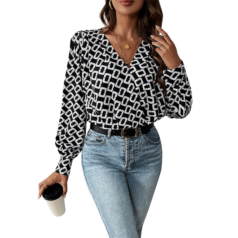 Damen Bluse Geometrisches Muster Puffärmel Elegantes Design