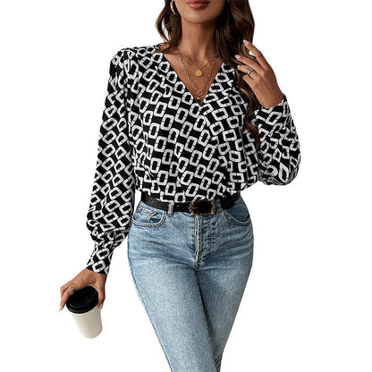 Damen Bluse Geometrisches Muster Puffärmel Elegantes Design