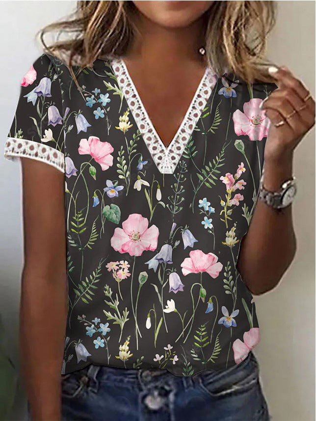 Damen T-Shirt Kurzärmelig V-Ausschnitt Print Elegantes Design