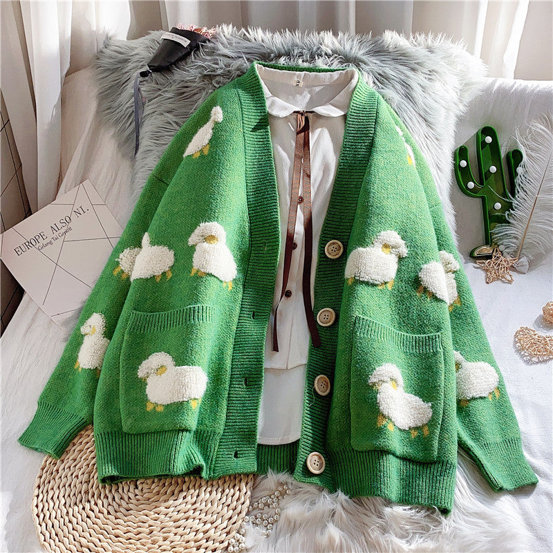 Damen Strickjacke Schafe-Motiv gemustert mit Taschen Norvielle