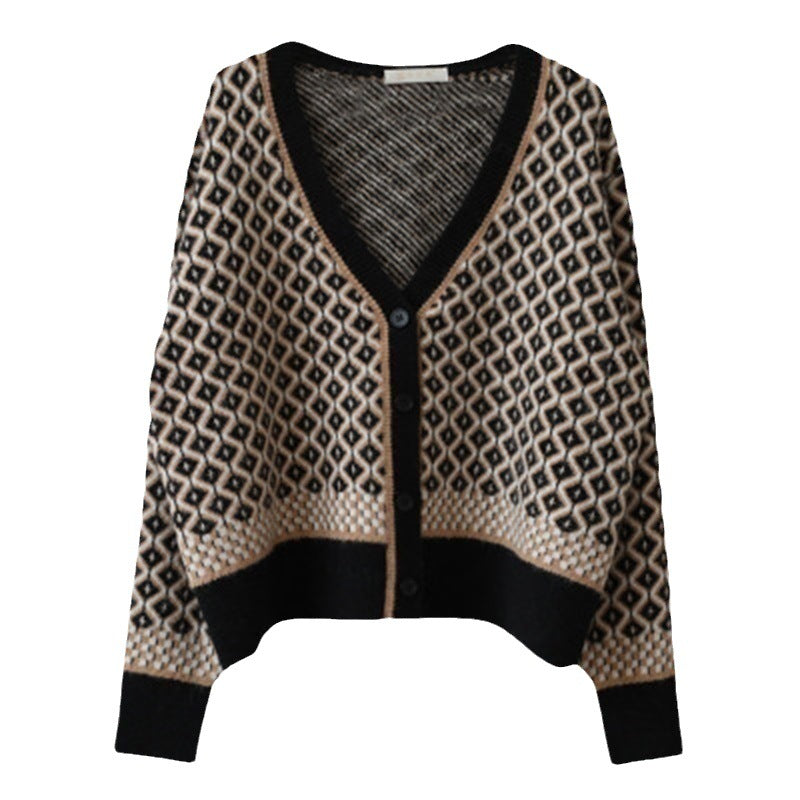 Damen Strickjacke Geometrisches Muster Knöpfe Beige