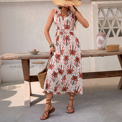 Damen Maxikleid Tropisches Muster Baumwolle Taillengürtel Norvielle