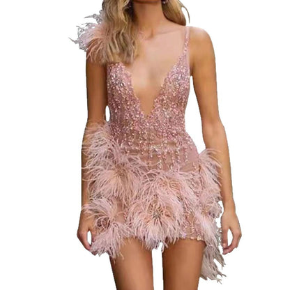 Damen Partykleid Paillettenbesatz Federdetails