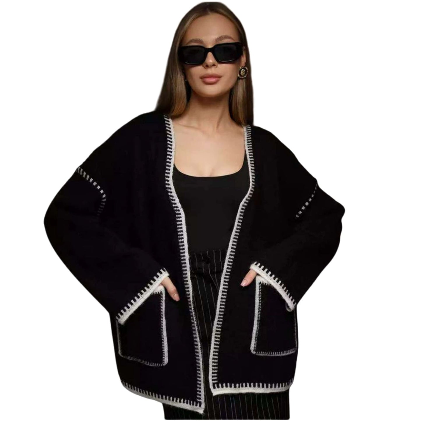 Damen Wickelpullover mit Taschen und Gürtel Elegantes Design