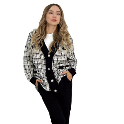 Damen Bouclé Strickjacke Elegante Knöpfe Beige
