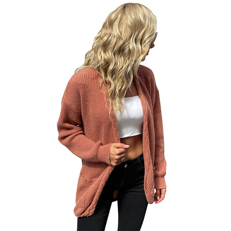 Damen Strickcardigan Lässig Offener Schnitt Mit Taschen Beige