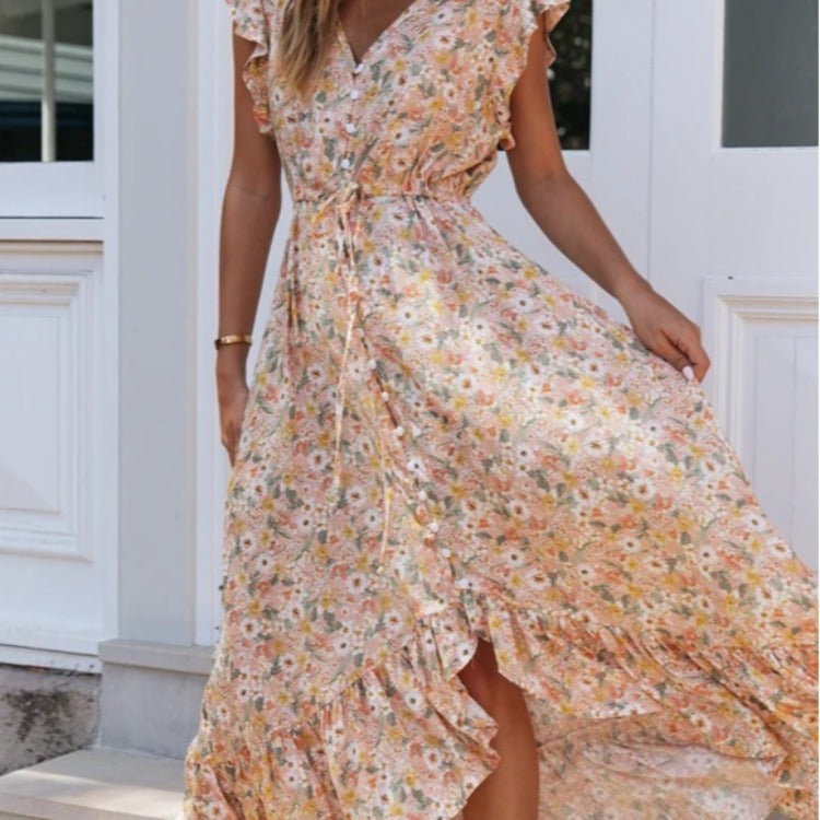Damen Maxikleid Blumendruck Rüschendetails