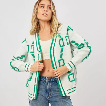 Damen Strickjacke Geometrisches Muster Knopfleiste Norvielle