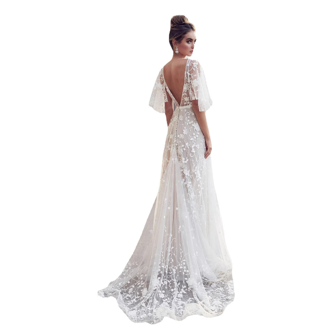 Damen Abendkleid Florale Stickerei Spitzenärmel Norvielle