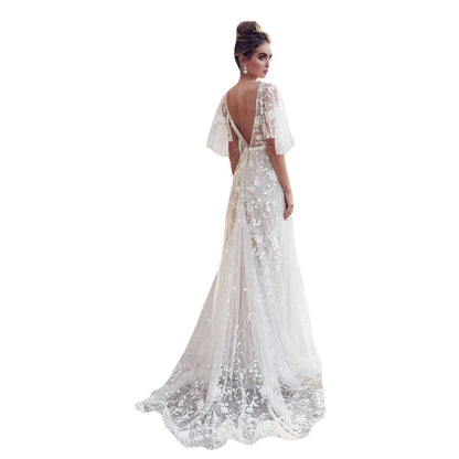 Damen Abendkleid Florale Stickerei Spitzenärmel Norvielle