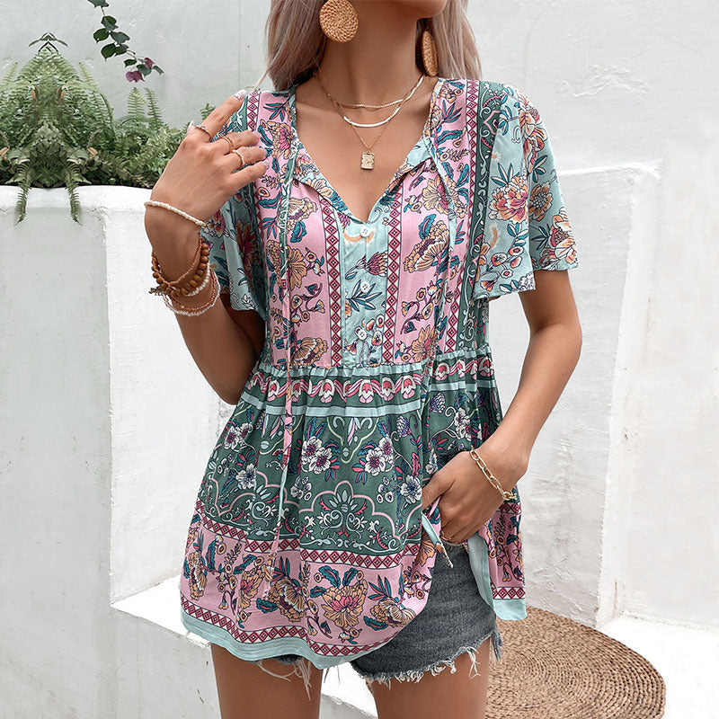 Damen Tunika Boho-Stil Floralmuster Luftige Ärmel Norvielle