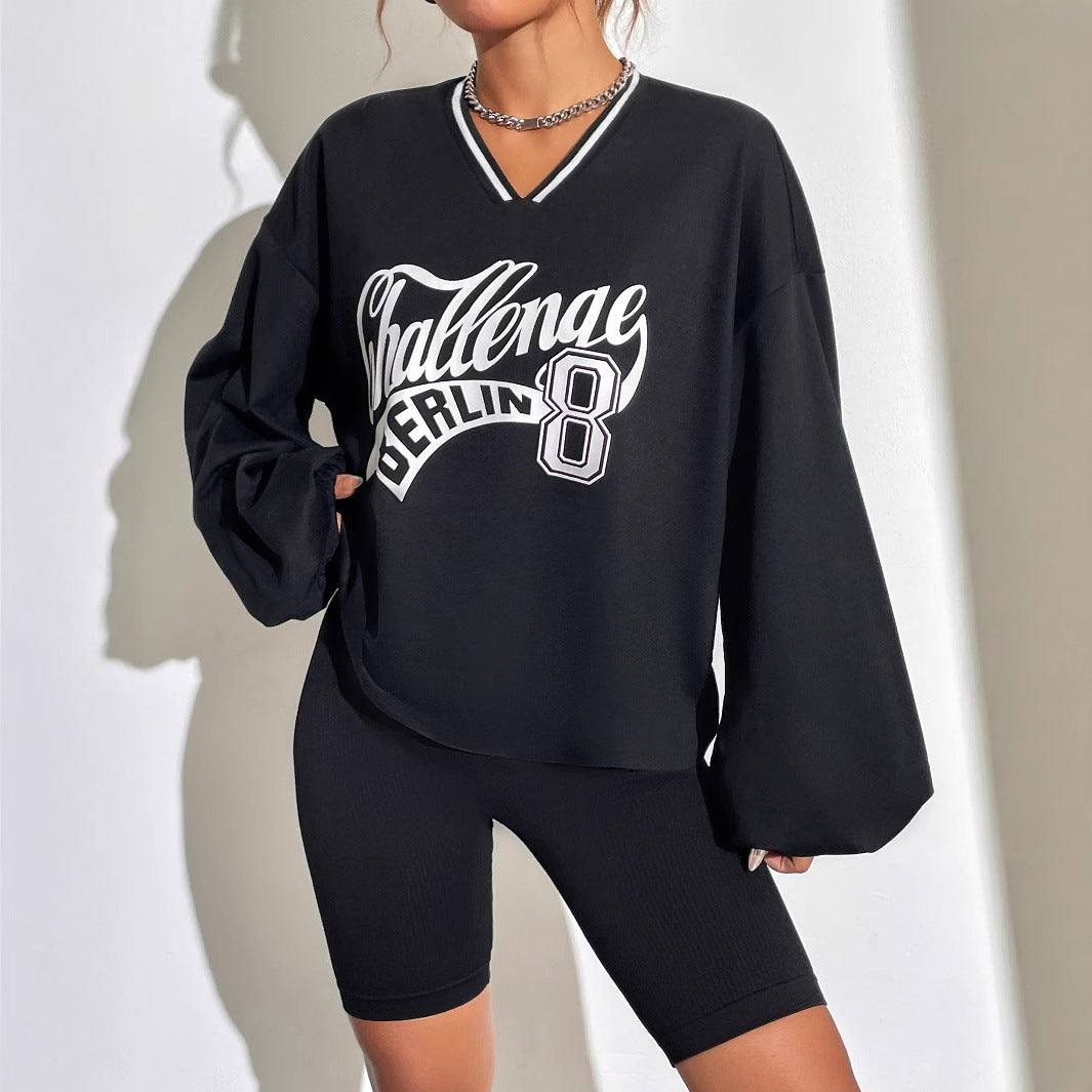 Damen Oversized Sweatshirt V-Ausschnitt Grafikprint Norvielle