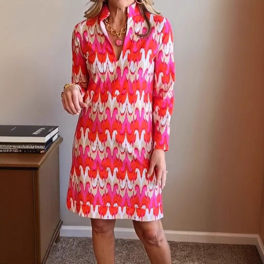 Damen Hemdblusenkleid Modernes Muster Elegante Taillierung