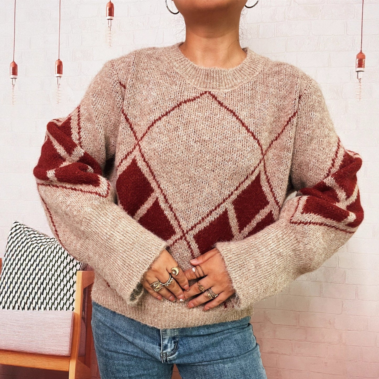 Damen Strickpullover Karomuster Norvielle