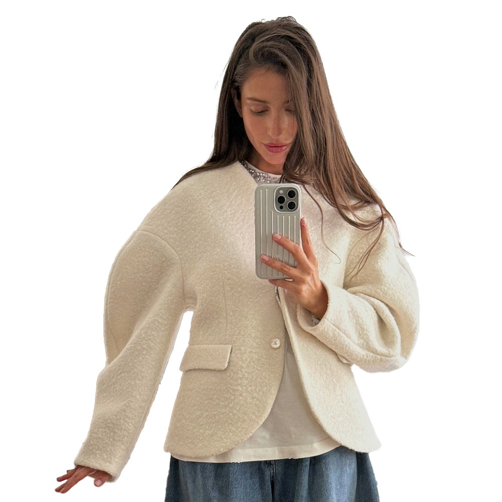 Damen Boucle-Jacke Überschnittene Schultern Knopfverschluss Norvielle