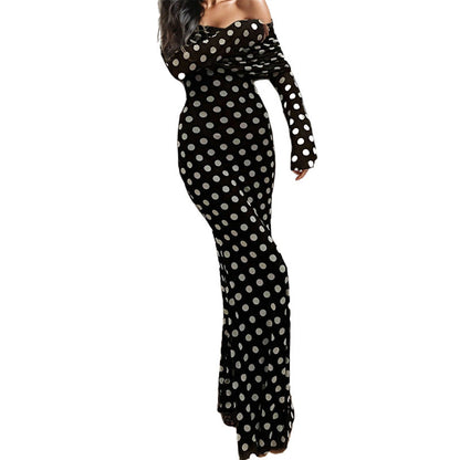 Damen Maxikleid Off-Shoulder Polka-Dot Muster