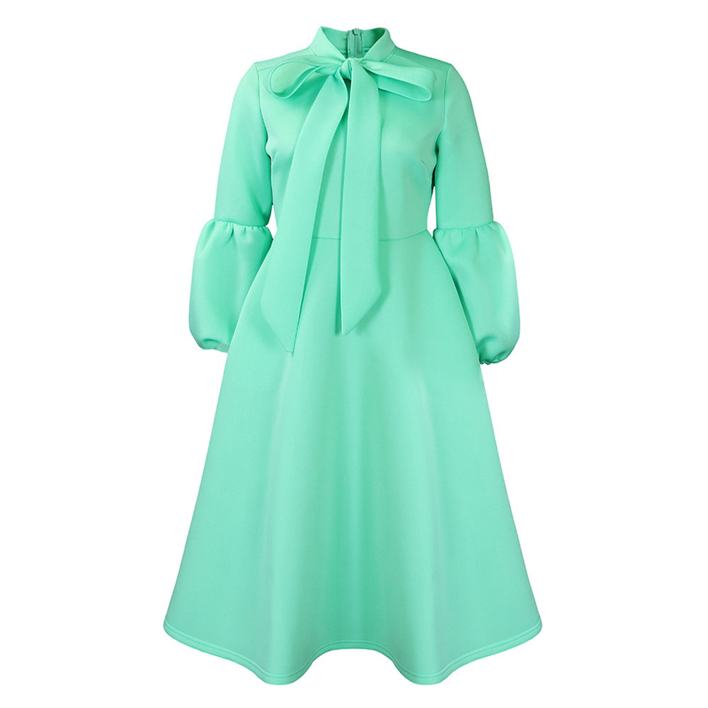 Damen Midi-Kleid Längere Puffärmel Elegante Schleife