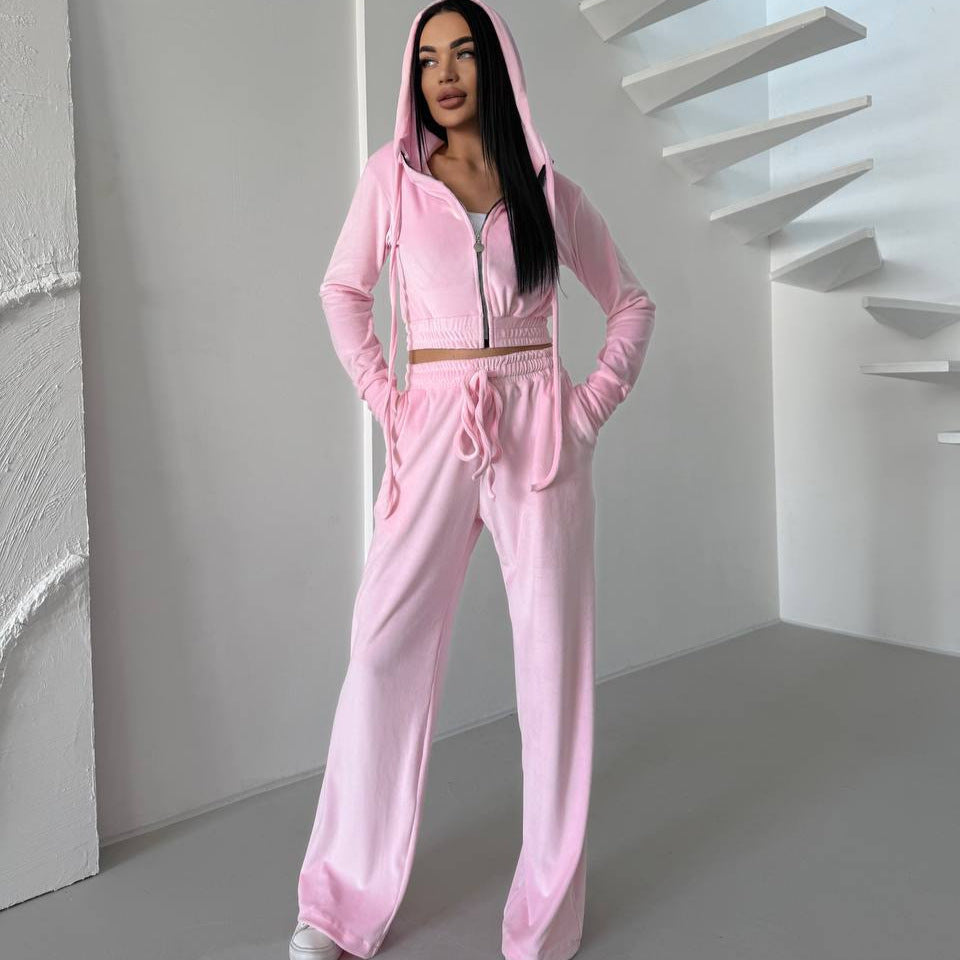 Damen Velours Lounge-Set Taillierter Hoodie Elastische Hose - Norvielle