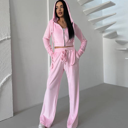 Damen Velours Lounge-Set Taillierter Hoodie Elastische Hose - Norvielle
