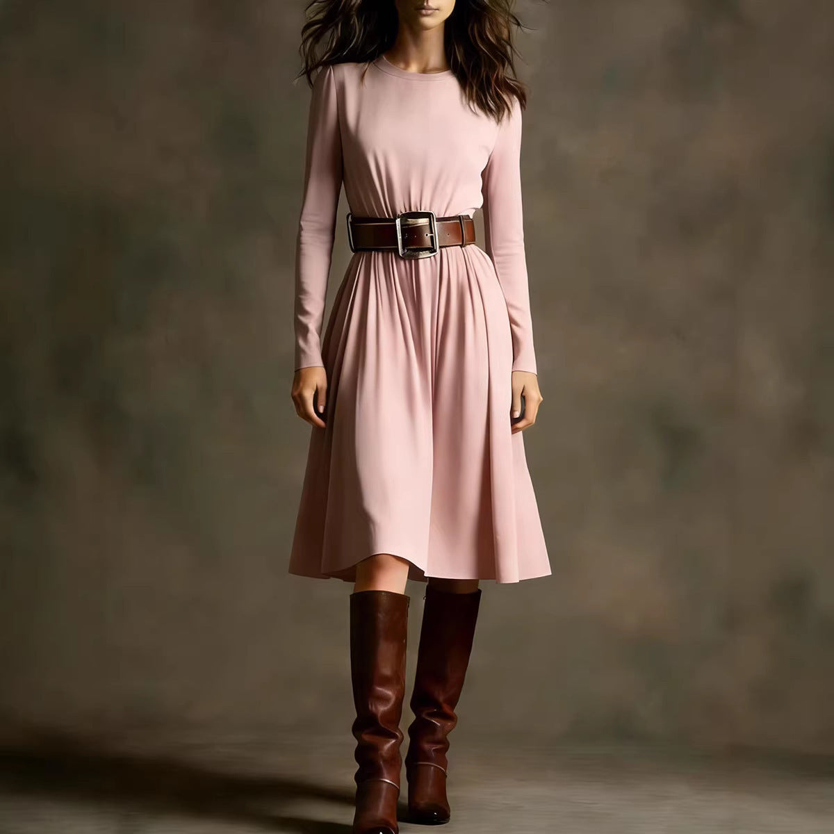 Damen Elegantes Kleid Langarm Taillengürtel Norvielle