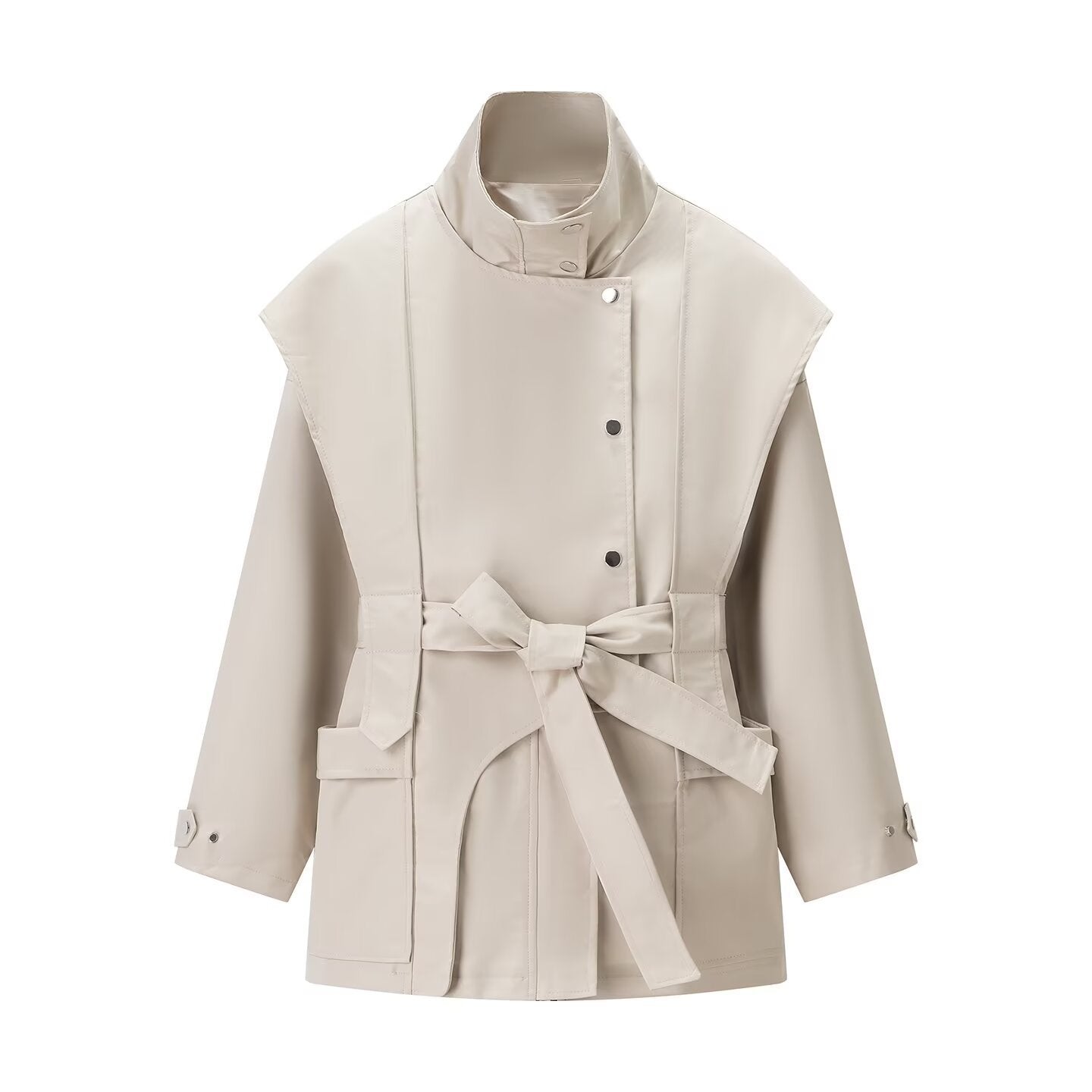Damen Trenchcoat Jacke Hochgeschlossener Kragen Praktische Taschen