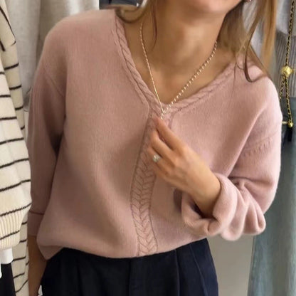 Damen Pullover V-Ausschnitt Feines Zopfmuster Norvielle