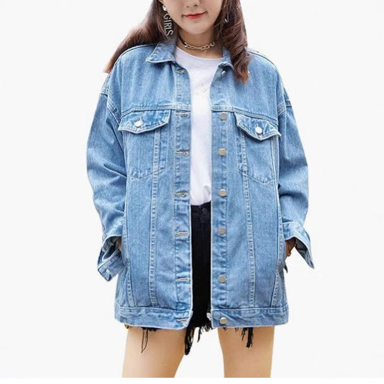 Damen Oversized Denimjacke Dekorative Druckknöpfe